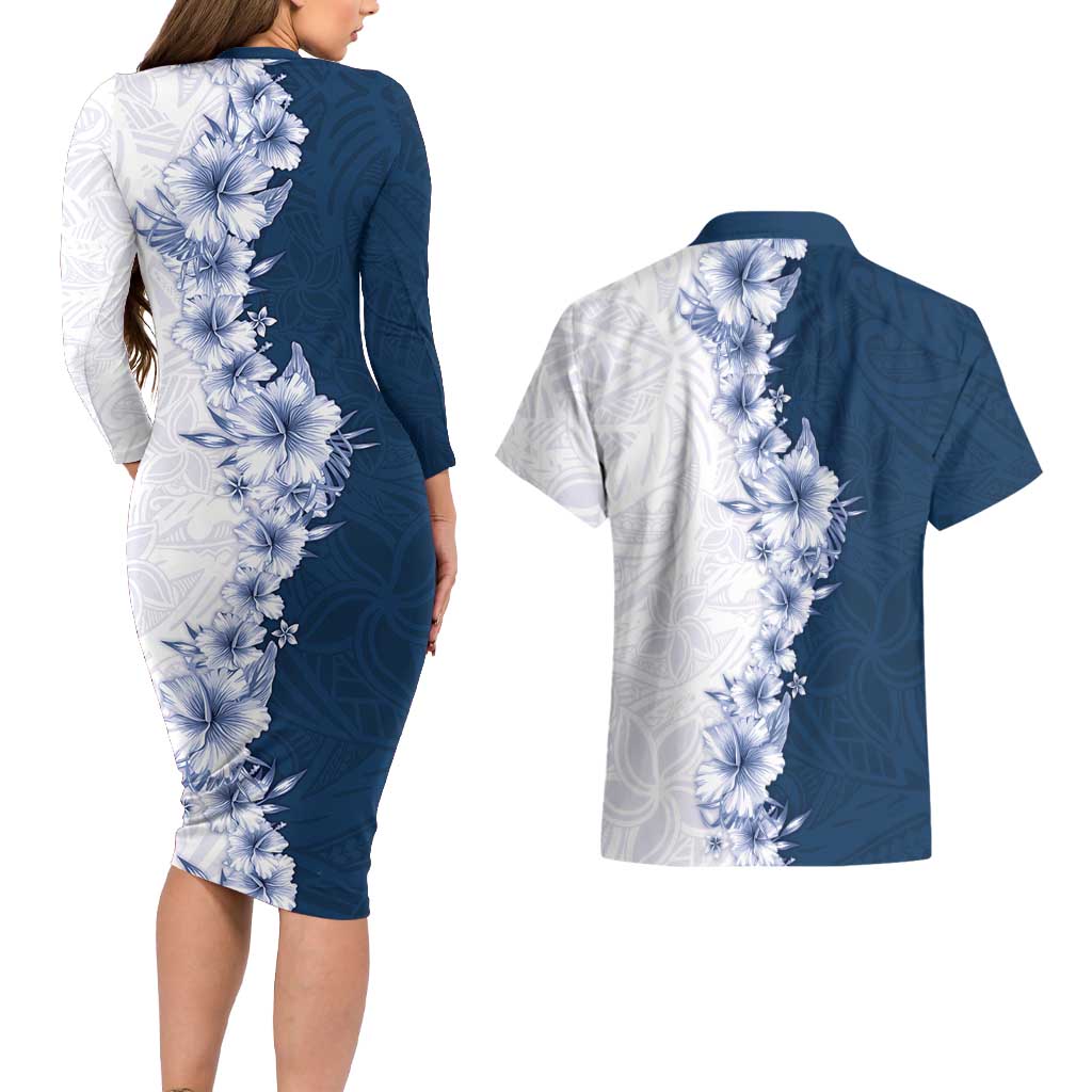 Hawaii Hibiscus Flowers Couples Matching Long Sleeve Bodycon Dress and Hawaiian Shirt Blue Polynesian Pattern LT05 - Polynesian Pride