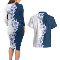 Hawaii Hibiscus Flowers Couples Matching Long Sleeve Bodycon Dress and Hawaiian Shirt Blue Polynesian Pattern LT05 - Polynesian Pride