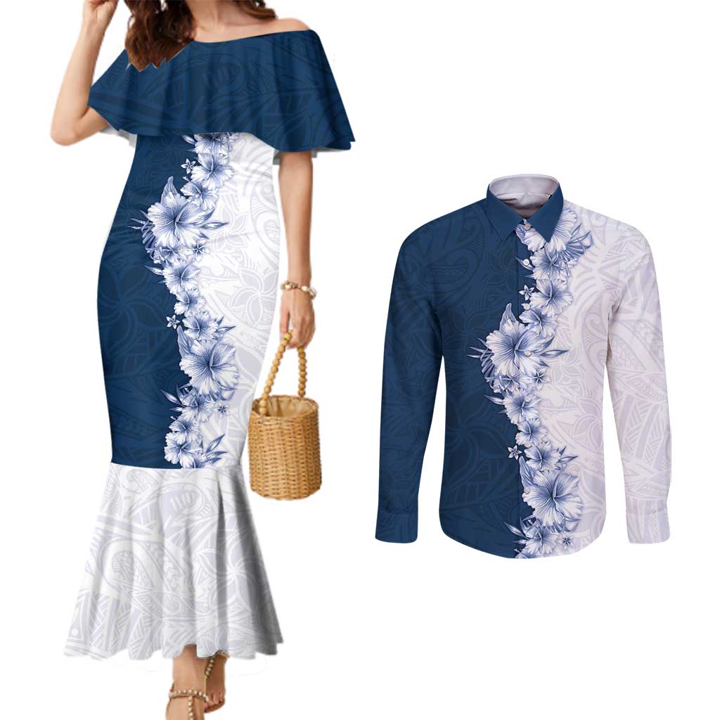 Hawaii Hibiscus Flowers Couples Matching Mermaid Dress and Long Sleeve Button Shirt Blue Polynesian Pattern LT05 Blue - Polynesian Pride