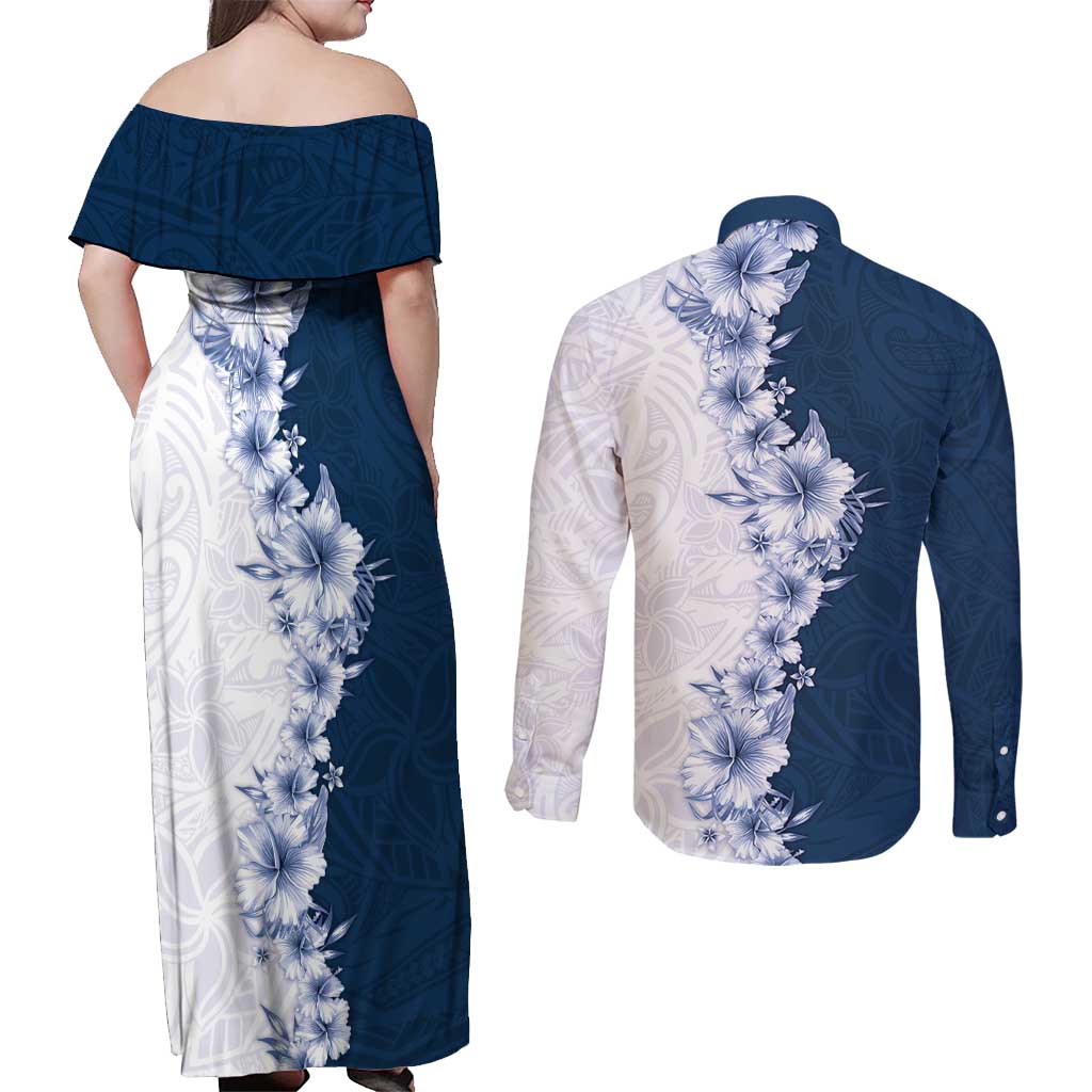 Hawaii Hibiscus Flowers Couples Matching Off Shoulder Maxi Dress and Long Sleeve Button Shirt Blue Polynesian Pattern LT05 - Polynesian Pride