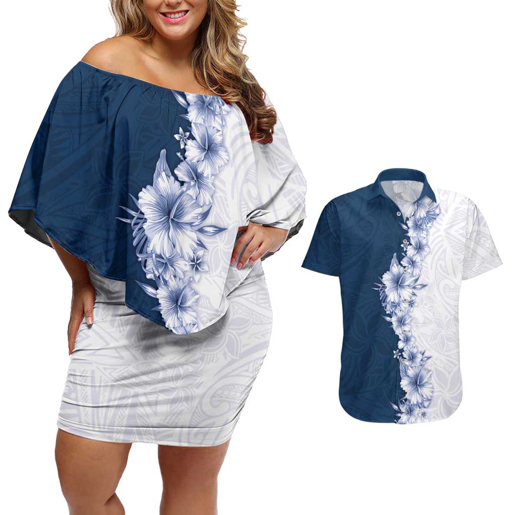 Hawaii Hibiscus Flowers Couples Matching Off Shoulder Short Dress and Hawaiian Shirt Blue Polynesian Pattern LT05 Blue - Polynesian Pride