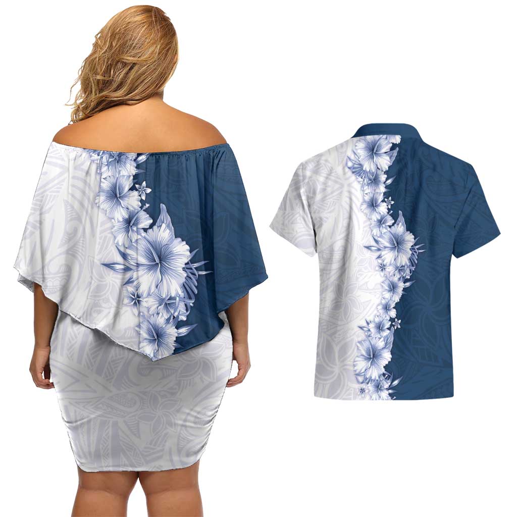 Hawaii Hibiscus Flowers Couples Matching Off Shoulder Short Dress and Hawaiian Shirt Blue Polynesian Pattern LT05 - Polynesian Pride