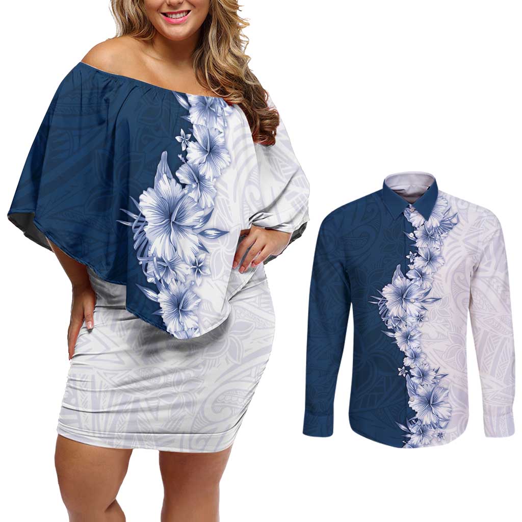 Hawaii Hibiscus Flowers Couples Matching Off Shoulder Short Dress and Long Sleeve Button Shirt Blue Polynesian Pattern LT05 Blue - Polynesian Pride