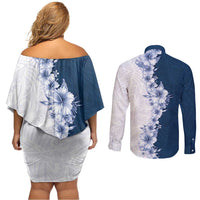 Hawaii Hibiscus Flowers Couples Matching Off Shoulder Short Dress and Long Sleeve Button Shirt Blue Polynesian Pattern LT05 - Polynesian Pride
