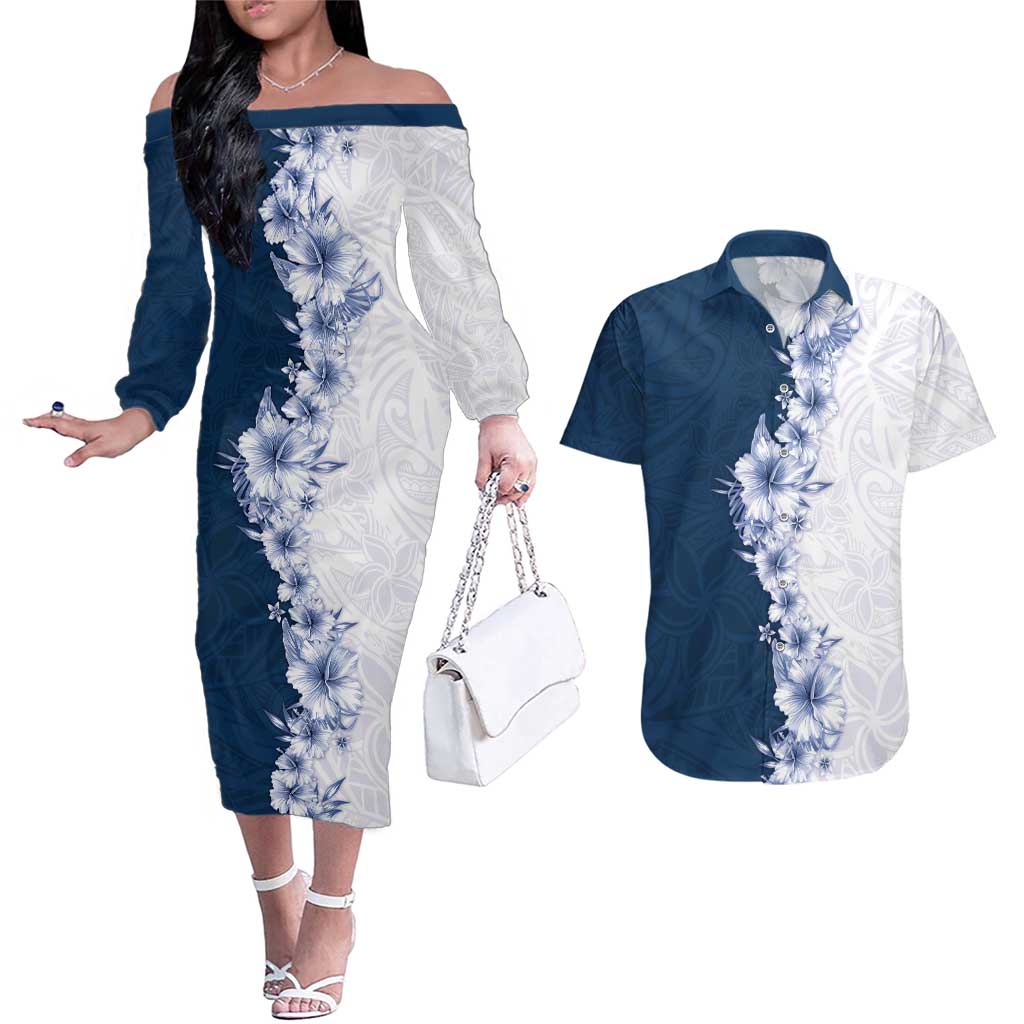 Hawaii Hibiscus Flowers Couples Matching Off The Shoulder Long Sleeve Dress and Hawaiian Shirt Blue Polynesian Pattern LT05 Blue - Polynesian Pride
