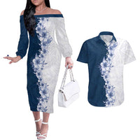 Hawaii Hibiscus Flowers Couples Matching Off The Shoulder Long Sleeve Dress and Hawaiian Shirt Blue Polynesian Pattern LT05 Blue - Polynesian Pride