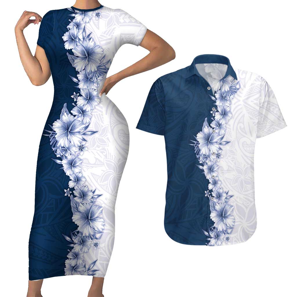 Hawaii Hibiscus Flowers Couples Matching Short Sleeve Bodycon Dress and Hawaiian Shirt Blue Polynesian Pattern LT05 Blue - Polynesian Pride