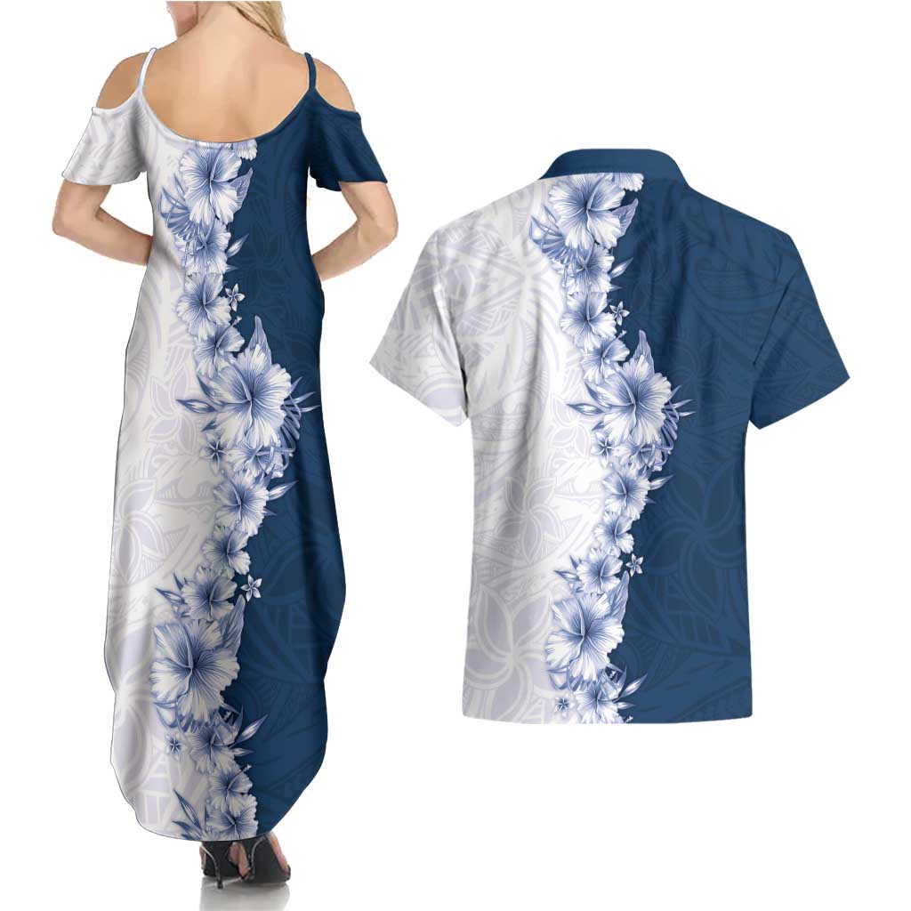 Hawaii Hibiscus Flowers Couples Matching Summer Maxi Dress and Hawaiian Shirt Blue Polynesian Pattern LT05 - Polynesian Pride