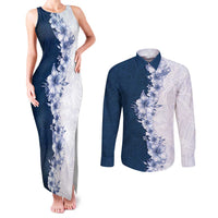 Hawaii Hibiscus Flowers Couples Matching Tank Maxi Dress and Long Sleeve Button Shirt Blue Polynesian Pattern