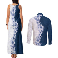 Hawaii Hibiscus Flowers Couples Matching Tank Maxi Dress and Long Sleeve Button Shirt Blue Polynesian Pattern