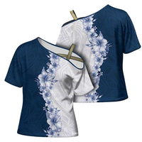 Hawaii Hibiscus Flowers Cross Shoulder Shirt Blue Polynesian Pattern LT05 - Polynesian Pride