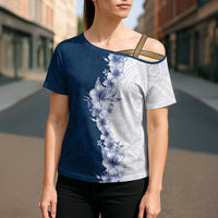 Hawaii Hibiscus Flowers Cross Shoulder Shirt Blue Polynesian Pattern LT05 - Polynesian Pride