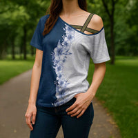Hawaii Hibiscus Flowers Cross Shoulder Shirt Blue Polynesian Pattern LT05 - Polynesian Pride