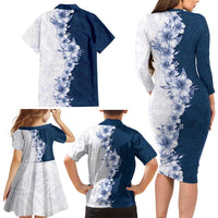 Hawaii Hibiscus Flowers Family Matching Long Sleeve Bodycon Dress and Hawaiian Shirt Blue Polynesian Pattern