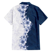 Hawaii Hibiscus Flowers Family Matching Long Sleeve Bodycon Dress and Hawaiian Shirt Blue Polynesian Pattern