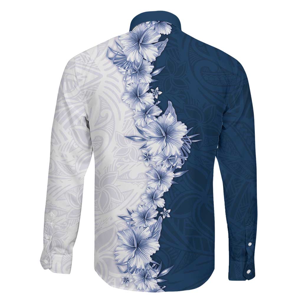 Hawaii Hibiscus Flowers Family Matching Long Sleeve Bodycon Dress and Hawaiian Shirt Blue Polynesian Pattern