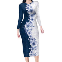 Hawaii Hibiscus Flowers Family Matching Long Sleeve Bodycon Dress and Hawaiian Shirt Blue Polynesian Pattern