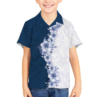 Hawaii Hibiscus Flowers Family Matching Long Sleeve Bodycon Dress and Hawaiian Shirt Blue Polynesian Pattern