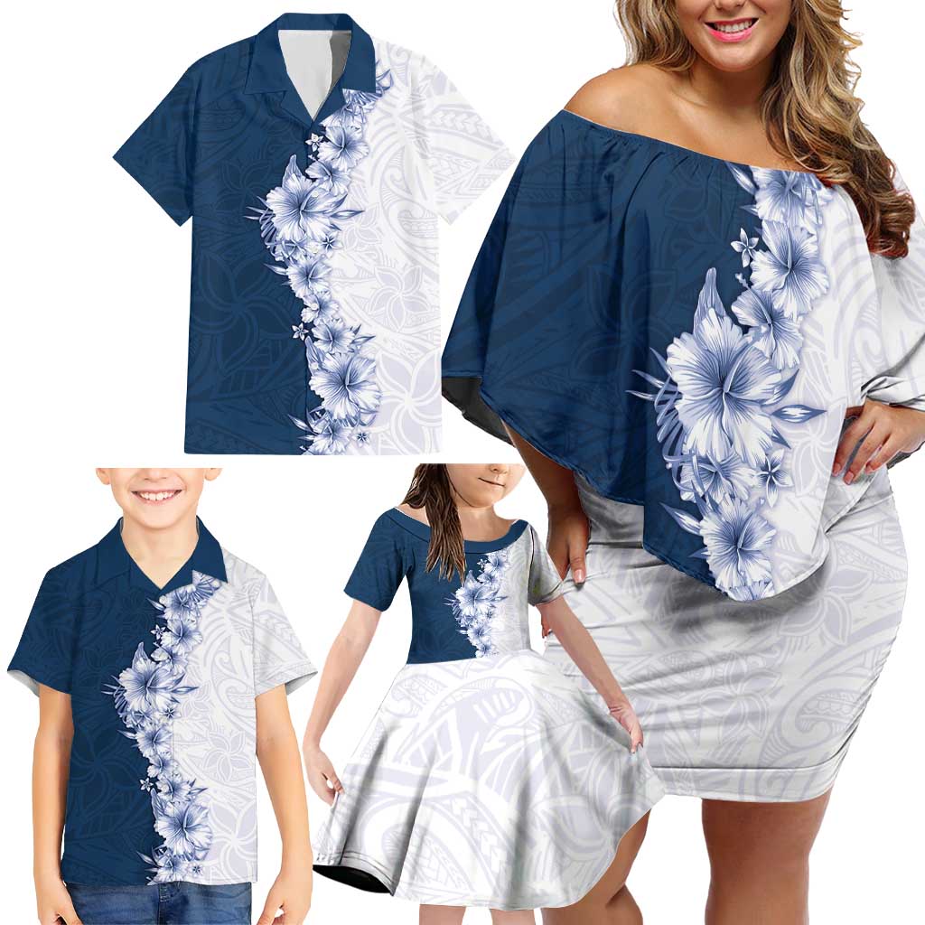 Hawaii Hibiscus Flowers Family Matching Off Shoulder Short Dress and Hawaiian Shirt Blue Polynesian Pattern LT05 - Polynesian Pride