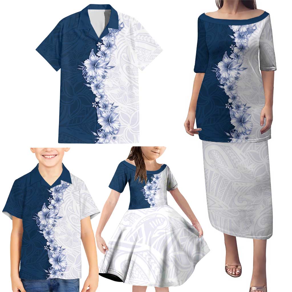 Hawaii Hibiscus Flowers Family Matching Puletasi and Hawaiian Shirt Blue Polynesian Pattern LT05 - Polynesian Pride