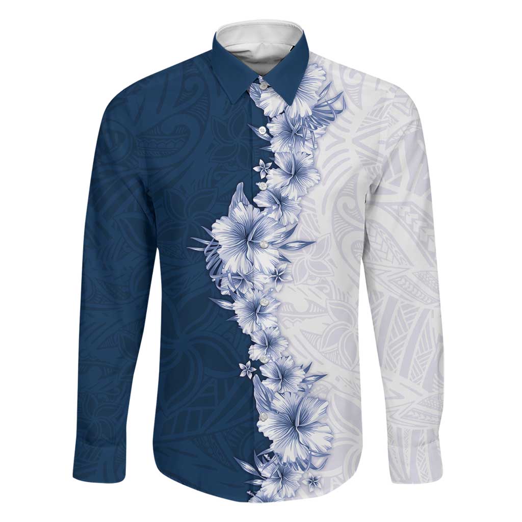 Hawaii Hibiscus Flowers Family Matching Puletasi and Hawaiian Shirt Blue Polynesian Pattern LT05 Dad's Shirt - Long Sleeve Blue - Polynesian Pride
