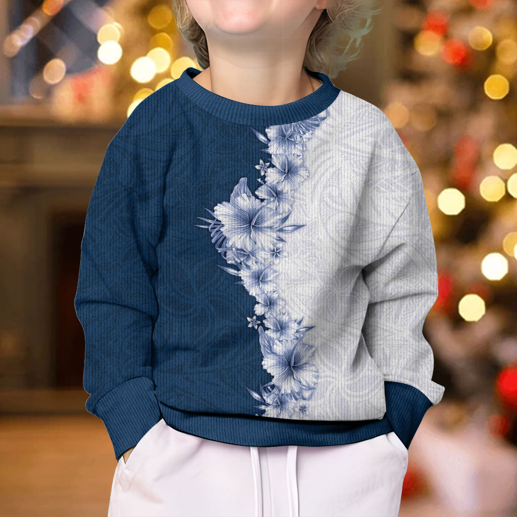 Hawaii Hibiscus Flowers Kid Ugly Christmas Sweater Blue Polynesian Pattern LT05 - Polynesian Pride