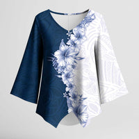 Hawaii Hibiscus Flowers Kimono Sleeve Blouse Blue Polynesian Pattern