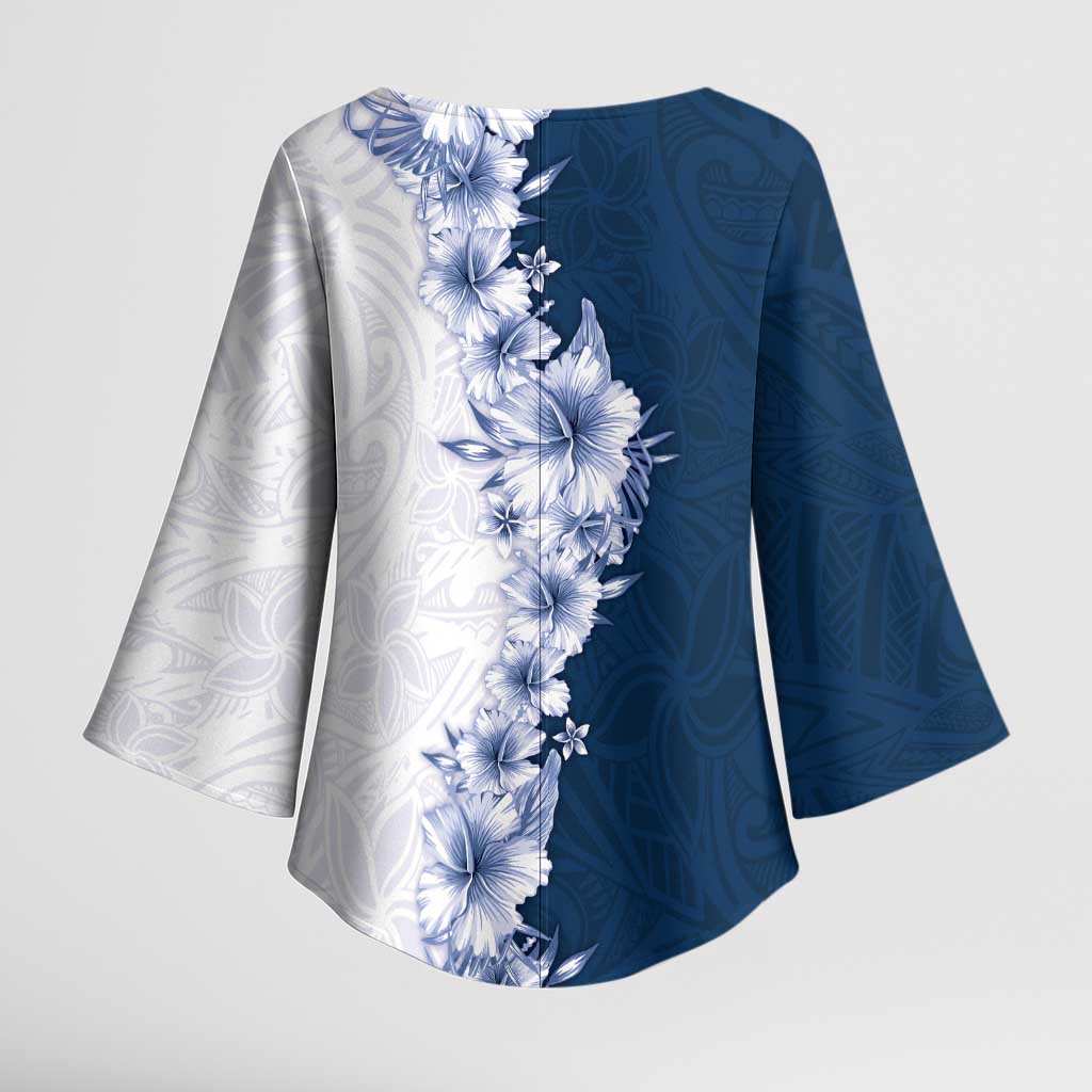 Hawaii Hibiscus Flowers Kimono Sleeve Blouse Blue Polynesian Pattern