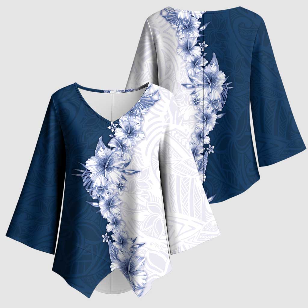 Hawaii Hibiscus Flowers Kimono Sleeve Blouse Blue Polynesian Pattern