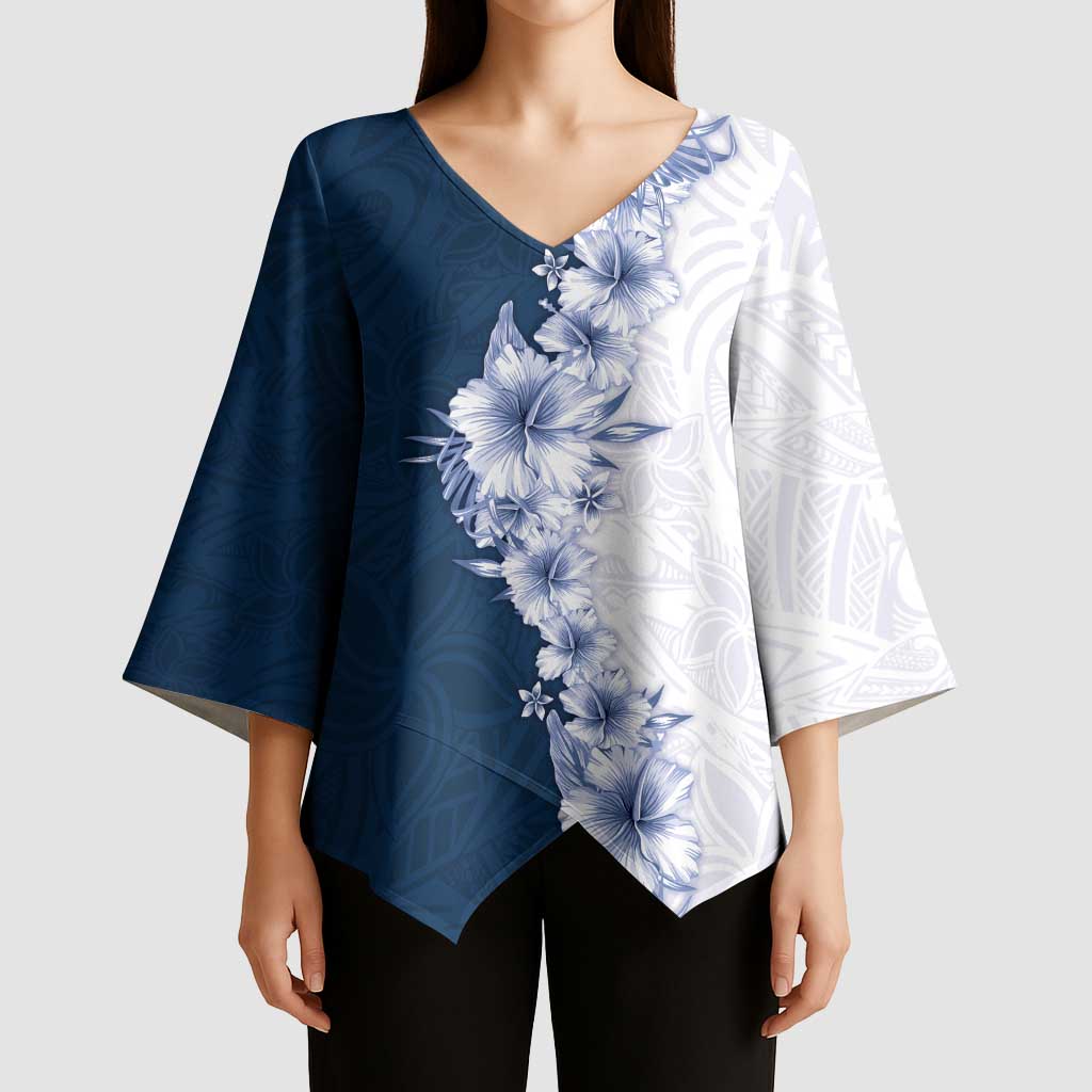 Hawaii Hibiscus Flowers Kimono Sleeve Blouse Blue Polynesian Pattern