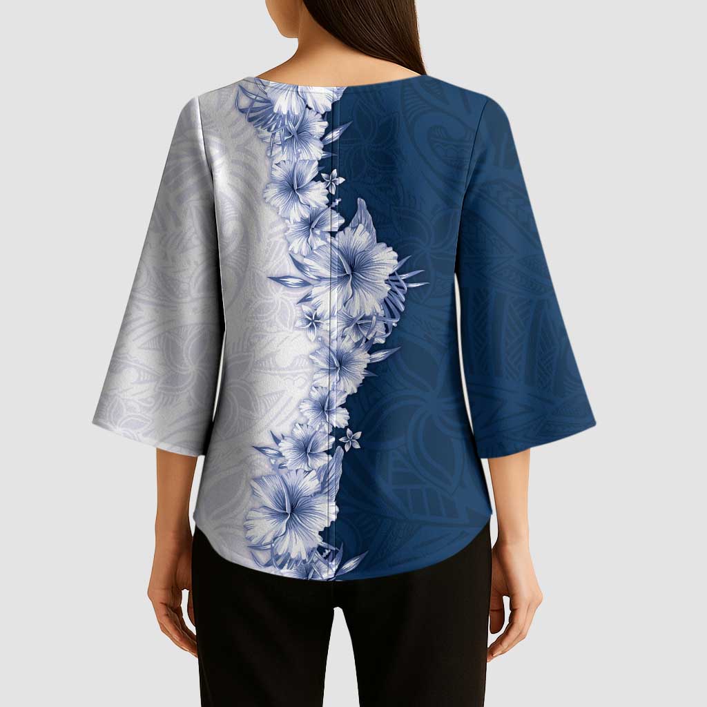 Hawaii Hibiscus Flowers Kimono Sleeve Blouse Blue Polynesian Pattern