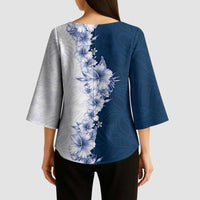 Hawaii Hibiscus Flowers Kimono Sleeve Blouse Blue Polynesian Pattern
