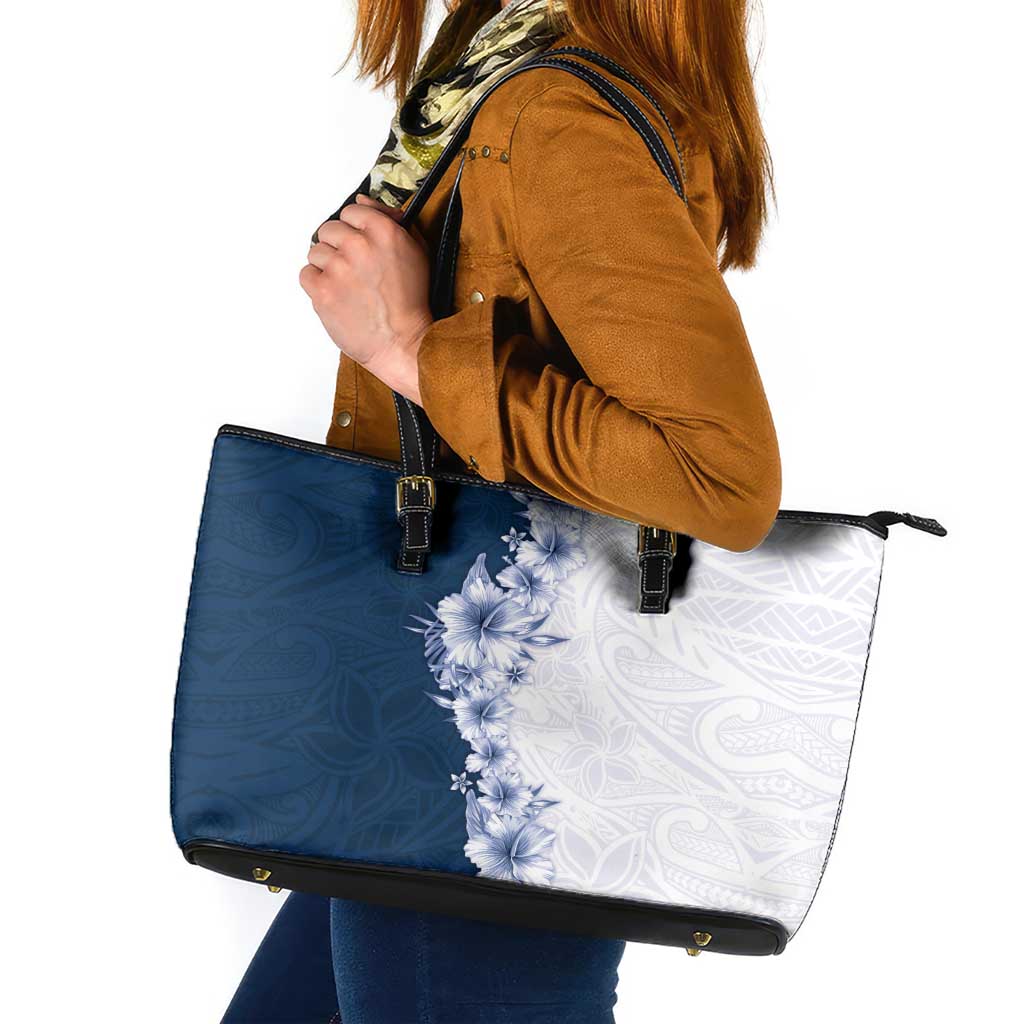 Hawaii Hibiscus Flowers Leather Tote Bag Blue Polynesian Pattern LT05 Blue - Polynesian Pride