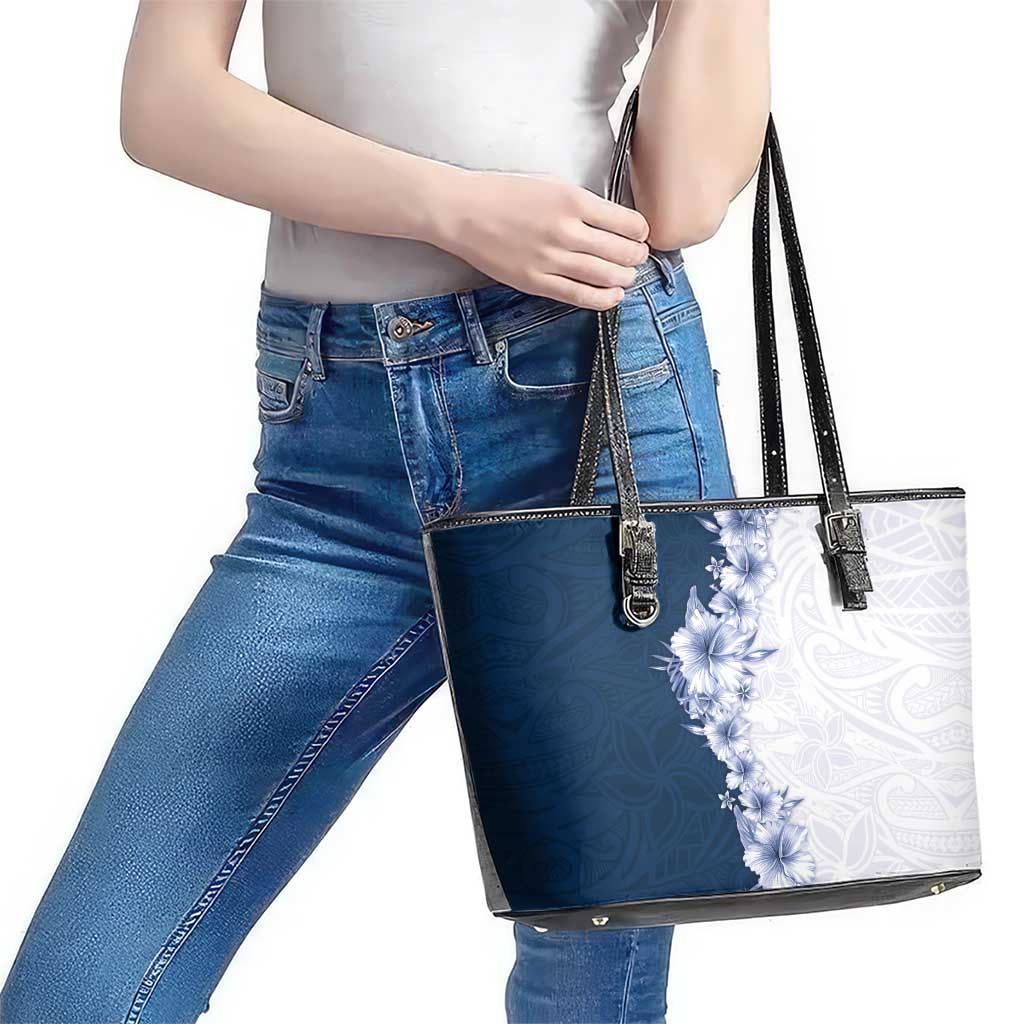 Hawaii Hibiscus Flowers Leather Tote Bag Blue Polynesian Pattern LT05 - Polynesian Pride