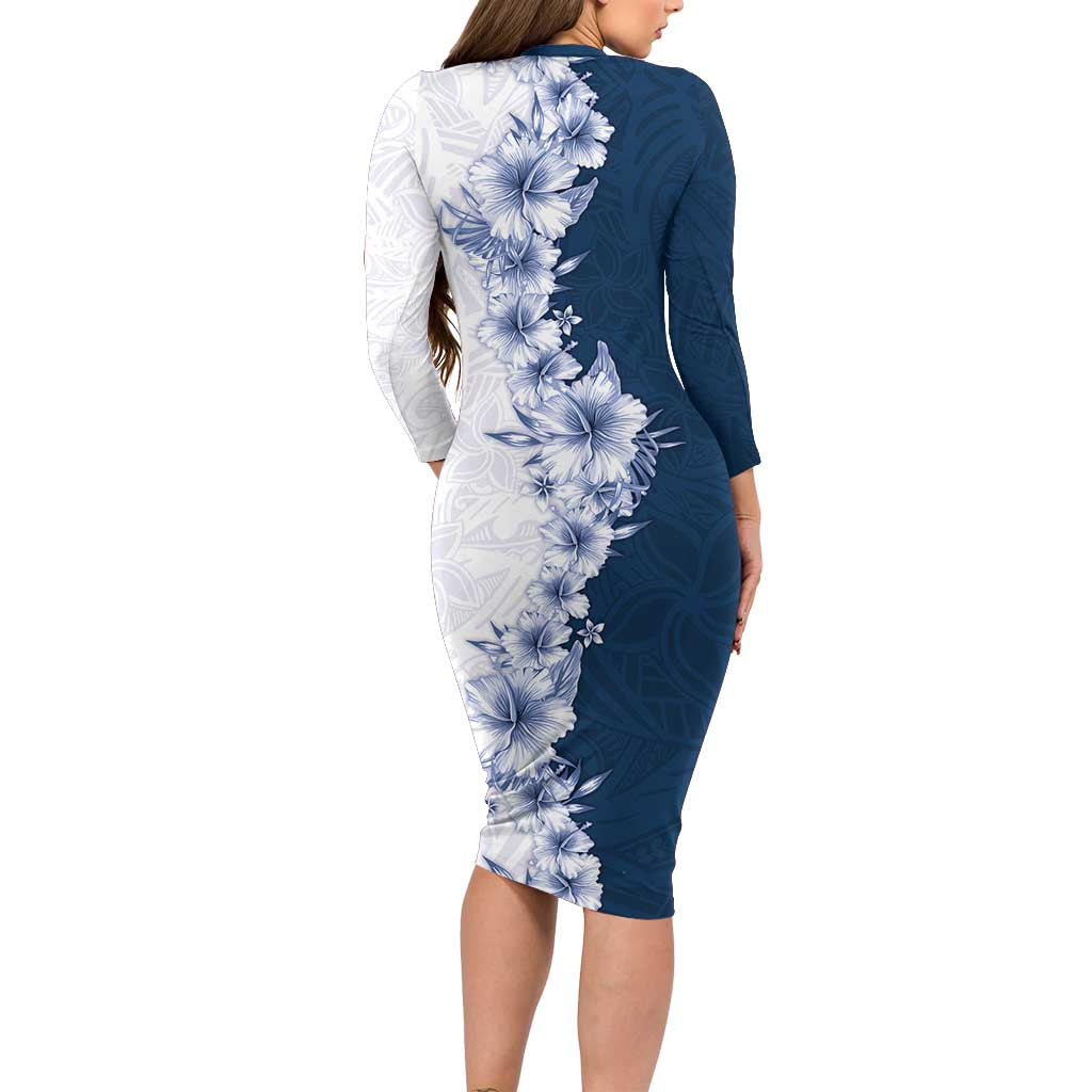 Hawaii Hibiscus Flowers Long Sleeve Bodycon Dress Blue Polynesian Pattern LT05 - Polynesian Pride