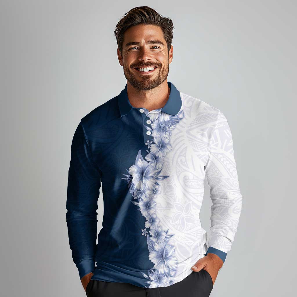 Hawaii Hibiscus Flowers Long Sleeve Polo Shirt Blue Polynesian Pattern LT05 - Polynesian Pride