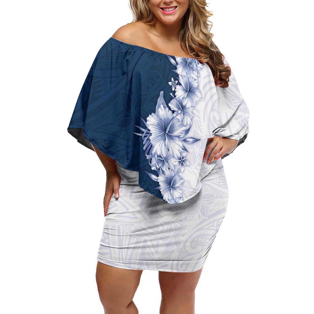 Hawaii Hibiscus Flowers Off Shoulder Short Dress Blue Polynesian Pattern