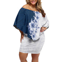 Hawaii Hibiscus Flowers Off Shoulder Short Dress Blue Polynesian Pattern