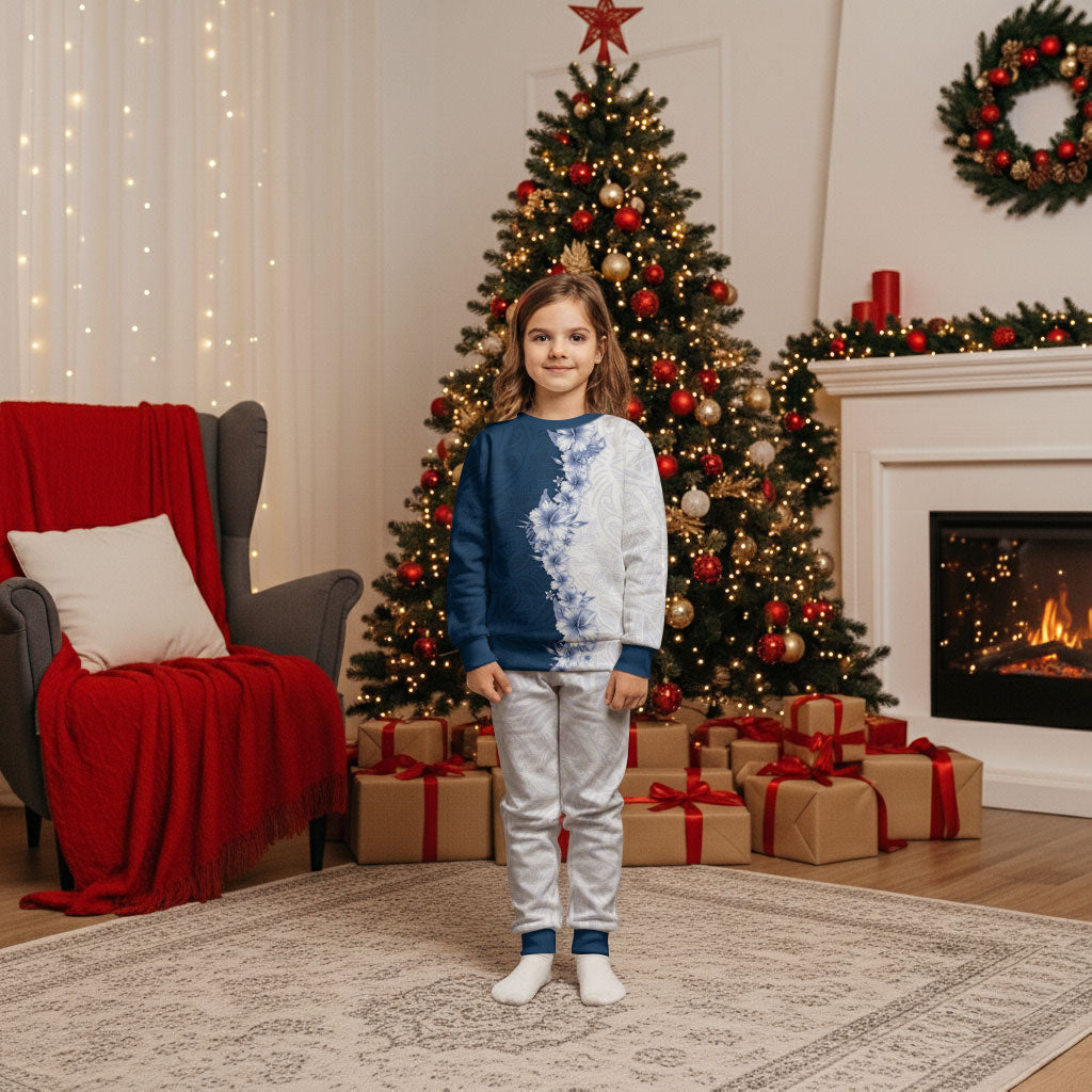 Hawaii Hibiscus Flowers Christmas Pajama Set Blue Polynesian Pattern LT05 Kid Blue - Polynesian Pride