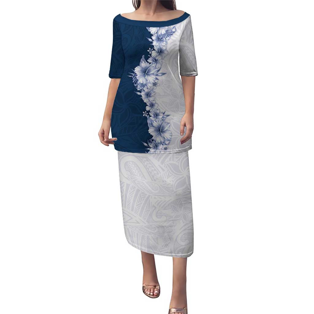 Hawaii Hibiscus Flowers Puletasi Blue Polynesian Pattern LT05 Long Dress Blue - Polynesian Pride