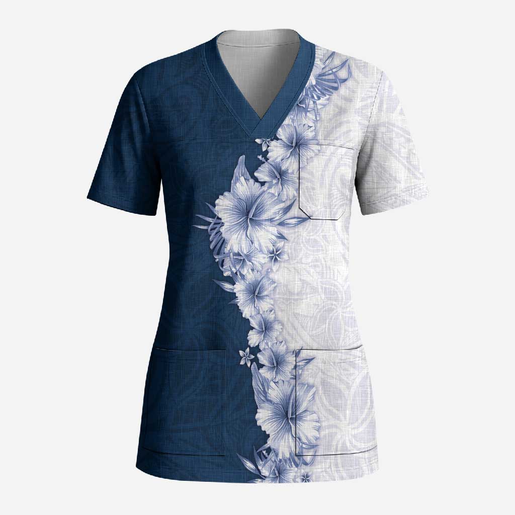 Hawaii Hibiscus Flowers Scrub Top Blue Polynesian Pattern