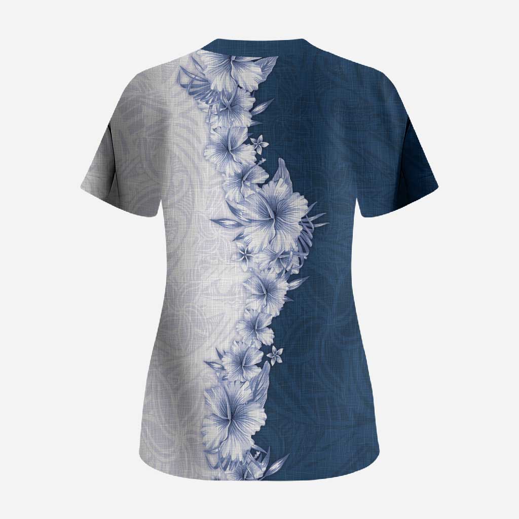 Hawaii Hibiscus Flowers Scrub Top Blue Polynesian Pattern LT05 - Polynesian Pride