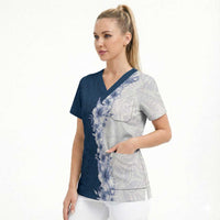 Hawaii Hibiscus Flowers Scrub Top Blue Polynesian Pattern LT05 - Polynesian Pride