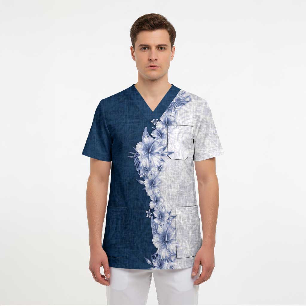 Hawaii Hibiscus Flowers Scrub Top Blue Polynesian Pattern LT05 - Polynesian Pride
