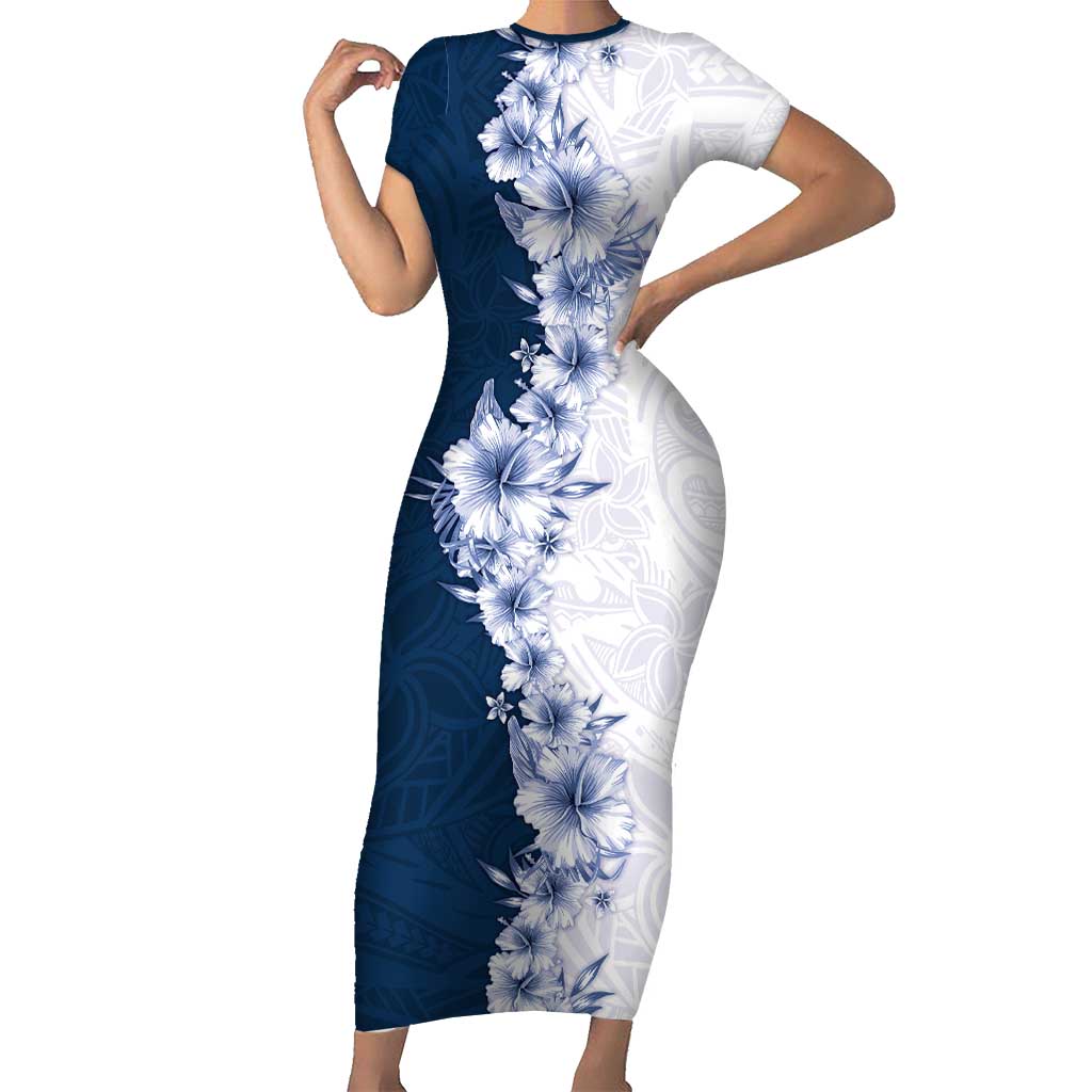 Hawaii Hibiscus Flowers Short Sleeve Bodycon Dress Blue Polynesian Pattern LT05 Long Dress Blue - Polynesian Pride