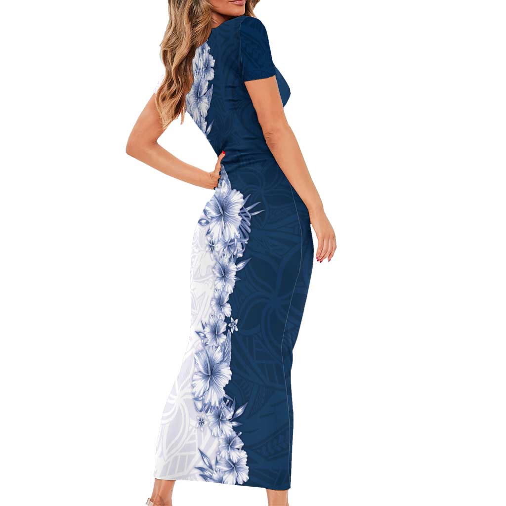 Hawaii Hibiscus Flowers Short Sleeve Bodycon Dress Blue Polynesian Pattern LT05 - Polynesian Pride