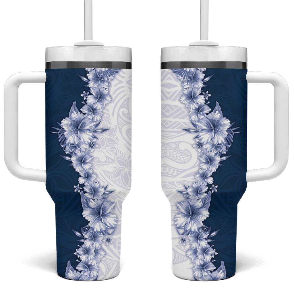 Hawaii Hibiscus Flowers Tumbler With Handle Blue Polynesian Pattern
