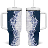 Hawaii Hibiscus Flowers Tumbler With Handle Blue Polynesian Pattern