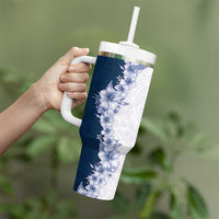 Hawaii Hibiscus Flowers Tumbler With Handle Blue Polynesian Pattern