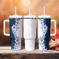 Hawaii Hibiscus Flowers Tumbler With Handle Blue Polynesian Pattern